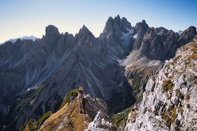 Panoramic view of mountains against clear sky