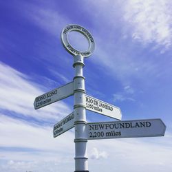 Low angle view of road sign against sky