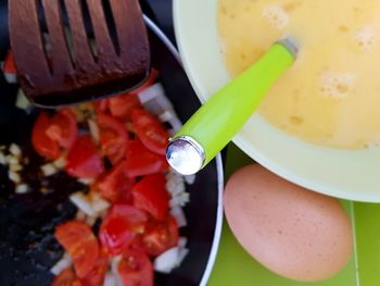 High angle view of salad in bowl on table