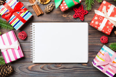 High angle view of christmas decorations on table