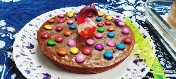 High angle view of cake in plate on table