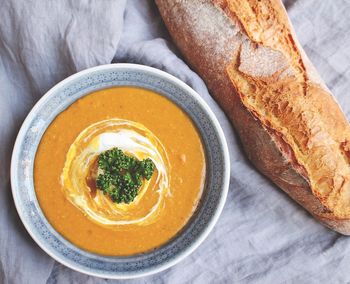 Close-up of lentil soup and bread