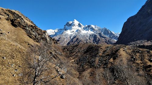 Scenic view of snowcapped mountains against clear blue sky