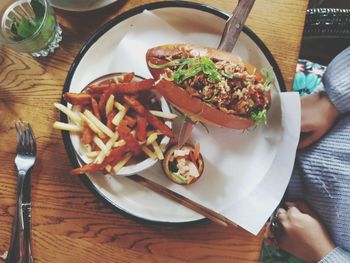 High angle view of food in plate on table