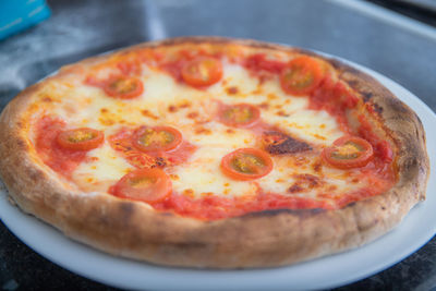 High angle view of pizza on table