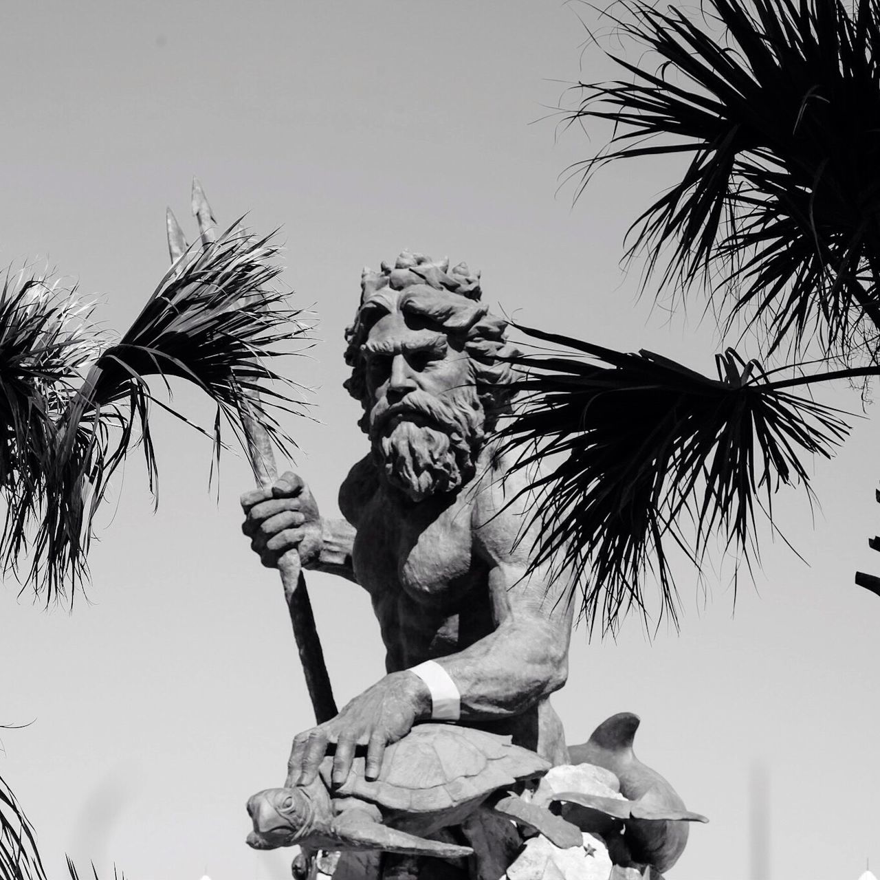 sculpture, human representation, statue, art and craft, art, creativity, clear sky, low angle view, tree, sky, day, outdoors, copy space, animal representation, nature, balance, palm tree, growth