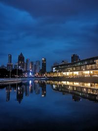 Reflection of illuminated buildings in water