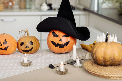 Close-up of jack o lantern on table