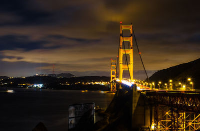 Illuminated golden gate bridge over san francisco bay at night