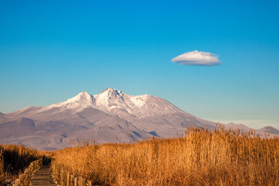 Scenic view of snowcapped mountains against clear blue sky