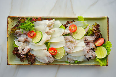 High angle view of food in plate on table