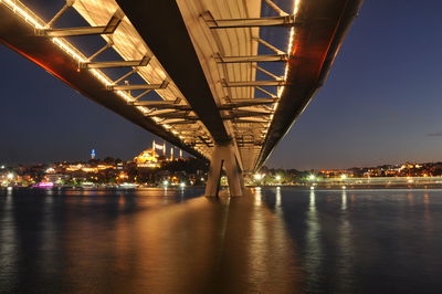 Illuminated bridge over river in city at night