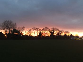 Silhouette trees on field against sky at sunset