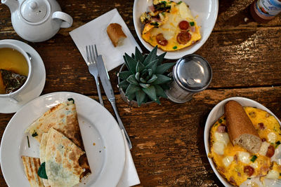 High angle view of food served on table