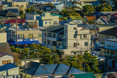 High angle view of buildings in city