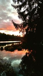 Silhouette trees by lake against sky during sunset