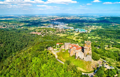 High angle view of buildings against sky