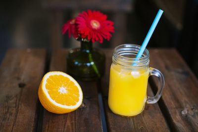 Close-up of orange juice on table