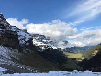 Scenic view of snowcapped mountains against sky