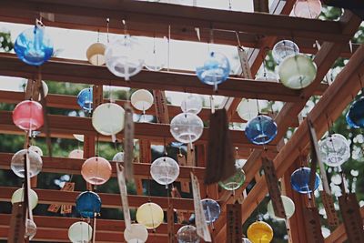 Low angle view of lanterns and labels hanging from roof