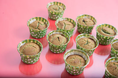 High angle view of cupcakes on table