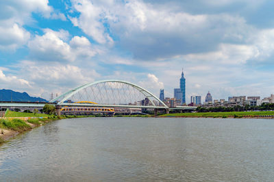 View of bridge over river against cloudy sky