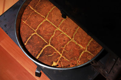 High angle view of meat in container