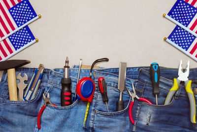 High angle view of work tools on table