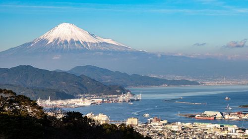 Scenic view of sea and mountains against sky