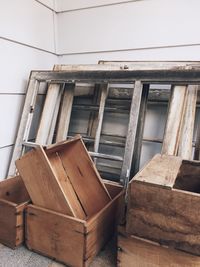 Low angle view of old building and old windows and boxes