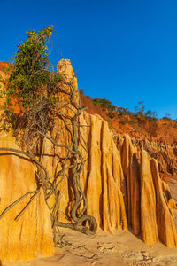 Scenic view of rocks against clear blue sky