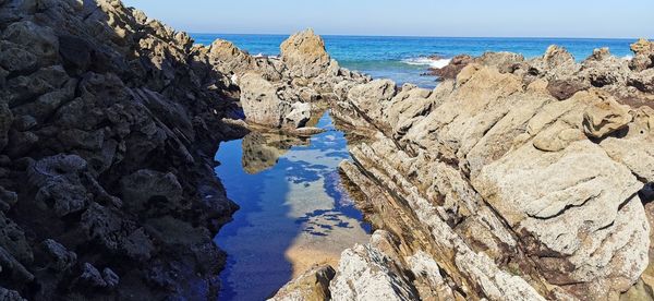 Panoramic view of rocks on beach against sky