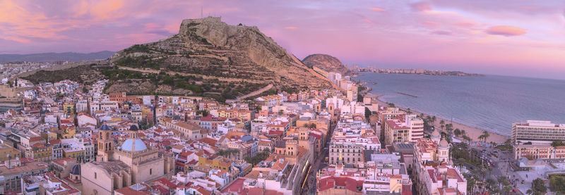 High angle view of townscape against sky during sunset