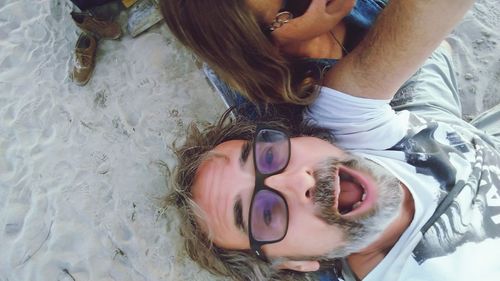 High angle portrait of friends smiling