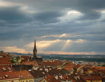 Aerial view of cityscape against cloudy sky