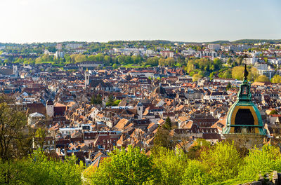 High angle shot of townscape against sky