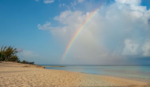 Scenic view of rainbow over sea against sky