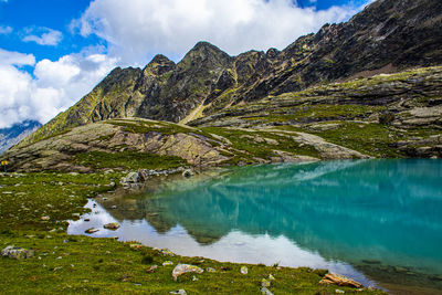 Scenic view of lake and mountains against sky