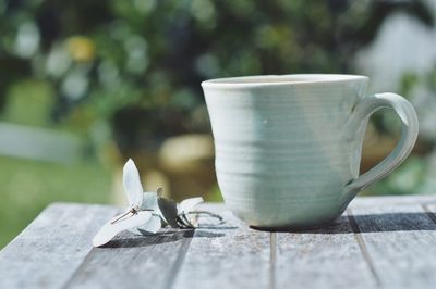 Close-up of tea up on table in back yard