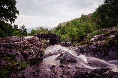 Scenic view of waterfall against sky