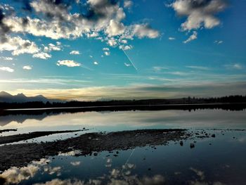 Scenic view of lake against sky during sunset