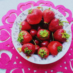 High angle view of strawberries