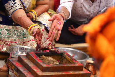 High angle view of people preparing food