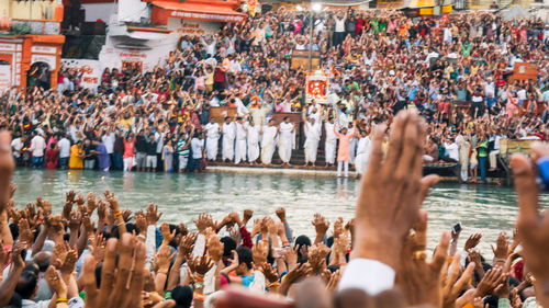 Mega crowd of indian pilgrims or sandhya arati of hardware