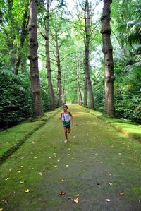 Full length of woman standing on tree trunk in forest