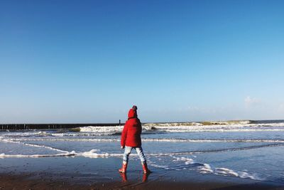 Rear view of person standing on beach against blue sky