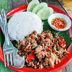 High angle view of food served on table