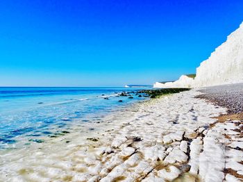 Scenic view of sea against clear blue sky