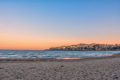 Scenic view of sea against clear sky at sunset