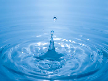 Close-up of water drop on blue surface